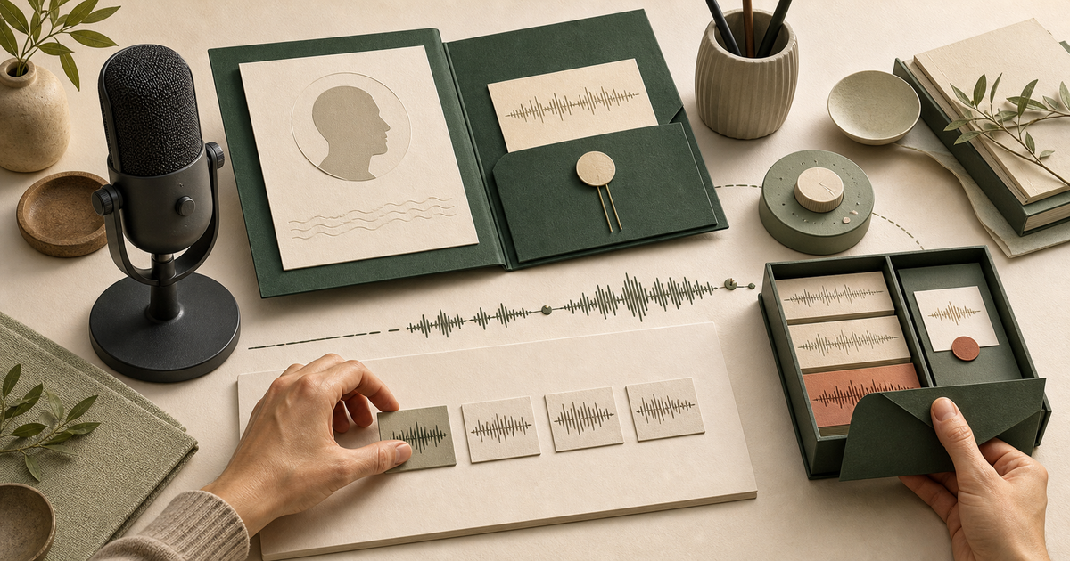 A voiceover desk with a waveform, consent record, and delivery checklist