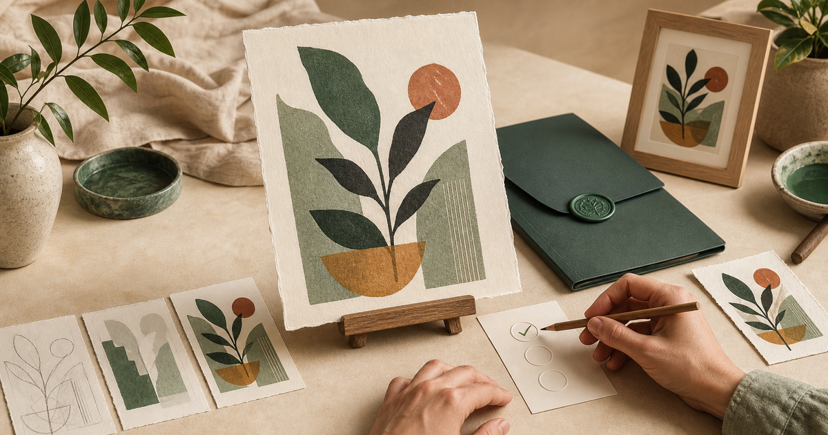 An art print beside an AI disclosure and listing-evidence checklist
