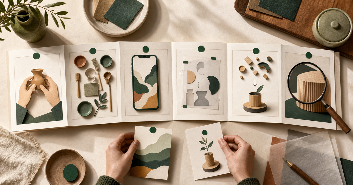 A storyboard of hands, objects, screen recordings, and original diagrams